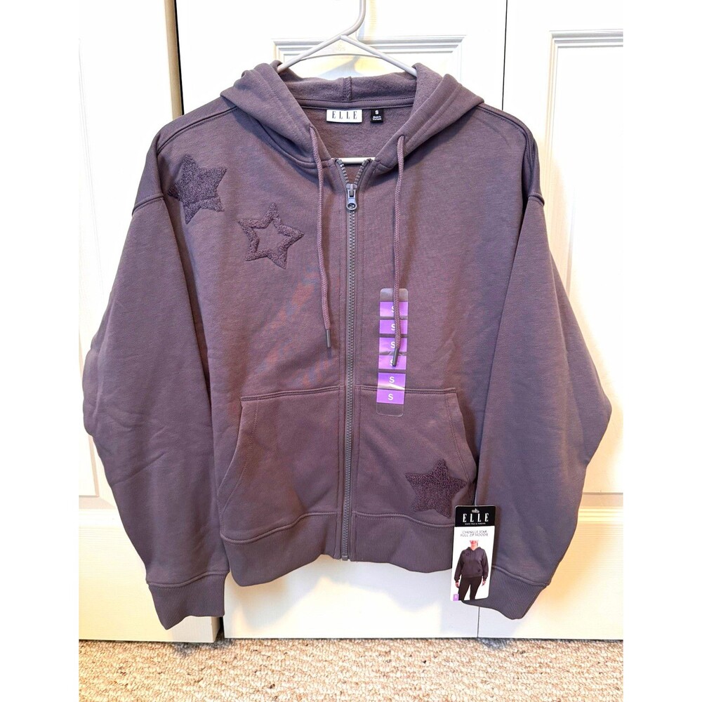 ELLE Women's Gray Full Zip Hooded Fleece Hoodie, embroidered stars, size S
